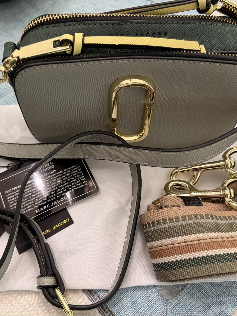 Marc Jacobs Two-Tone Grey and Olive Saffiano Camera Bag with Gold Hardware